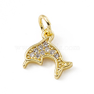 Brass Micro Pave Cubic Zirconia Charms, with Jump Ring, Dolphin Charm, Real 18K Gold Plated, 10x10x1.5mm, Hole: 3mm(ZIRC-F132-47G)
