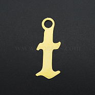 201 Stainless Steel Charms, Laser Cut, Letter, Golden, Letter.T, T:10x4x1mm, Hole: 1.2mm(STAS-S105-JA570-T)