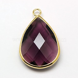 Golden Tone Brass Glass Teardrop Pendants, Faceted, Purple, 18x10x5mm, Hole: 2mm(GLAA-M006-A-06G)