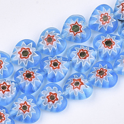 Handmade Millefiori Lampwork Beads Strands, Heart, Cornflower Blue, 12x12x5mm, Hole: 0.8mm, about 36pcs/strand, 15.1 inch(LAMP-S191-19B-05)