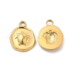 Ion Plating(IP) 304 Stainless Steel Pendants, Flat Round with Sea Turtle Charm, Real 18K Gold Plated, 16.5x13x2.5mm, Hole: 2mm(X-STAS-B032-14G)