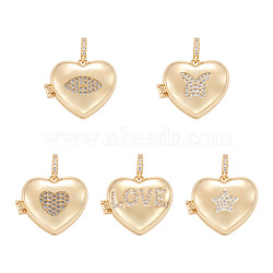 5Pcs 5 Style Brass Micro Pave Clear Cubic Zirconia Diffuser Locket Pendants, Long-Lasting Plated, Heart with Mixed Patterns, Real 18K Gold Plated, 19.5x22.5x8.5mm, Hole: 3.2x5mm, 1pcs/style(ZIRC-FW0001-04)