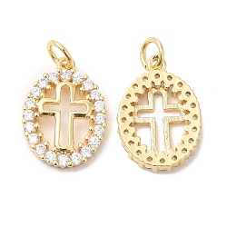 Brass Micro Pave Clear Cubic Zirconia Pendants, with Jump Ring, Oval with Cross Charms, Real 16K Gold Plated, 17.5x12.5x2.5mm, Hole: 3.5mm(ZIRC-L103-036G)