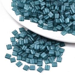 2-Hole Baking Paint Glass Seed Beads, Transparent Frosted  Colours Rainbow, Rectangle, Cadet Blue, 5x4.5~5.5x2~2.5mm, Hole: 0.5~0.8mm, about 1180pcs/bag(SEED-S031-L-ST1006FR)