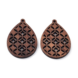 Walnut Wood Laser Cut Pendants, Hollow Charms, Undyed, Teardrop, 37x25.5x2.3mm, Hole: 1.6mm(WOOD-Q051-04J)