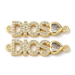 Rack Plating Brass Pave Clear Cubic Zirconia Connector Charms, Long-Lasting Plated, Lead Free & Cadmium Free, Letter DIOS Heart Links, Real 18K Gold Plated, 7x26x3mm, Hole: 1.2mm(KK-K332-39G)