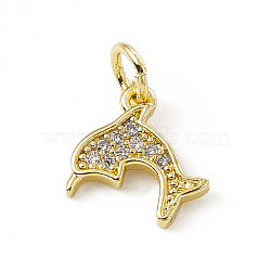Brass Micro Pave Cubic Zirconia Charms, with Jump Ring, Dolphin Charm, Real 18K Gold Plated, 10x10x1.5mm, Hole: 3mm(ZIRC-F132-47G)
