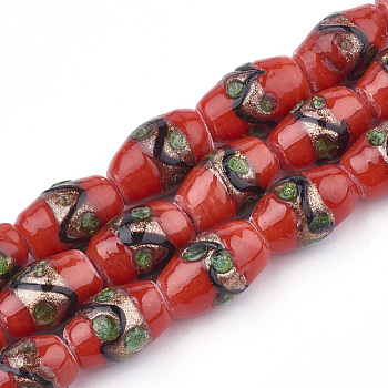 Handmade Gold Sand Lampwork Beads, Drum, Red, 15~18x10~12mm, Hole: 1.5~2mm