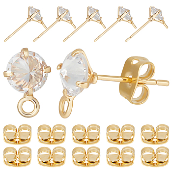10Pcs Diamond Shape Brass Stud Earring Findings, with Cubic Zirconia & Horizontal Loops, with 10Pcs Friction Ear Nuts, Real 18K Gold Plated, 10x6.5mm, Hole: 2mm, Pin: 0.8mm