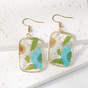 Resin & Dried Flower Rectangle Dangle Earrings, Golden, Medium Turquoise, 33x24mm