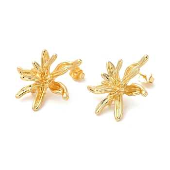 Real 18K Gold Plated Brass Stud Earrings, Long-Lasting Plated, Cadmium Free & Lead Free, Flower, 32x27.5mm