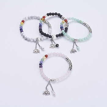 Natural Gemstone Charm Bracelets, with Tibetan Style Alloy Tube Beads and Alloy Elephant Charms, 2-1/4 inch(57mm)