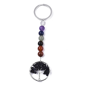 Natural Blue Goldstone Chips Chakra Keychain, with Platinum Plated Stainless Steel Split Key Rings and Mixed Stone Round Beads, Flat Round with Tree of Life, 122mm