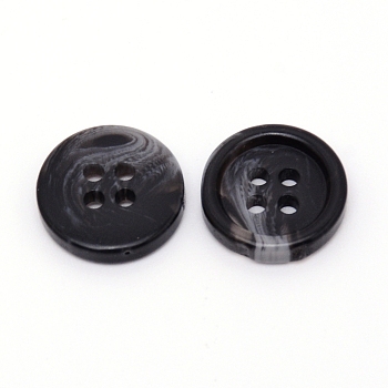 4-Hole Resin Buttons, Flat Round, Black, 24L, 15x3.5mm, Hole: 2mm