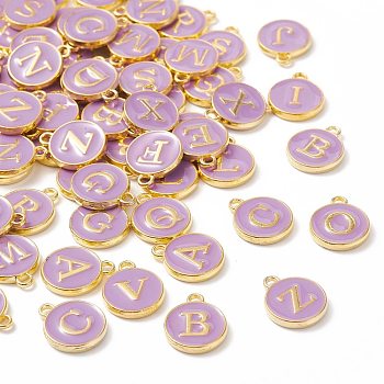 Golden Plated Alloy Enamel Charms, Enamelled Sequins, Flat Round with Random Mixed Letters, Purple, 14x12x2mm,Hole:1.50mm