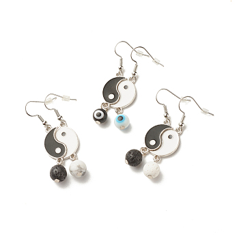 3 Pairs 3 Style Alloy Enamel Yin Yang Matching Asymmetrical Earrings, Brass Dangle Earrings with Round Evil Eye Lampwork & Gemstone Beads for Women, Platinum, Black, 49mm, Pin: 0.7mm, 1 Pair/style