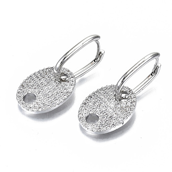 Brass Micro Pave Clear Cubic Zirconia Huggie Hoop Earring, Oval, Real Platinum Plated, 35mm, Pin: 1mm