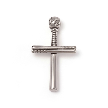 304 Stainless Steel Big Pendants, Sports Charms, Cross with Baseball, Stainless Steel Color, 53x30x6mm, Hole: 5mm