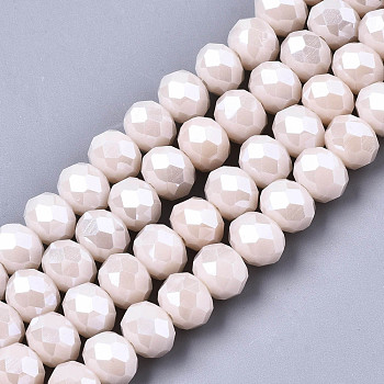 Electroplate Glass Beads Strands, Pearl Luster Plated, Faceted, Rondelle, Misty Rose, 4x3mm, Hole: 0.4mm, about 113~115pcs/strand, 41~42cm
