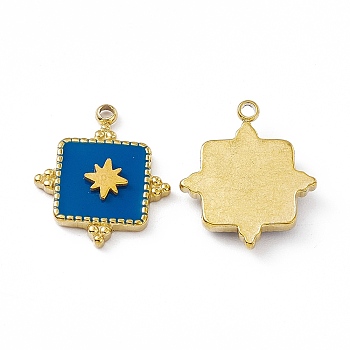 Vacuum Plating 201 Stainless Steel Pendants, with Enamel, Real 18K Gold Plated, Square with Star Charm, Dodger Blue, 17x14.5x3mm, Hole: 1.5mm