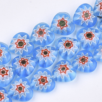 Handmade Millefiori Lampwork Beads Strands, Heart, Cornflower Blue, 12x12x5mm, Hole: 0.8mm, about 36pcs/strand, 15.1 inch