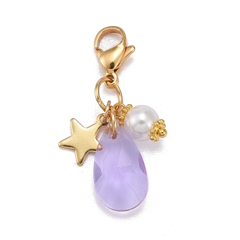 Faceted Teardrop Glass Pendants, with Glass Pearl Round Beads, Star 304 Stainless Steel Charms & Lobster Claw Clasps, Lilac, 34mm