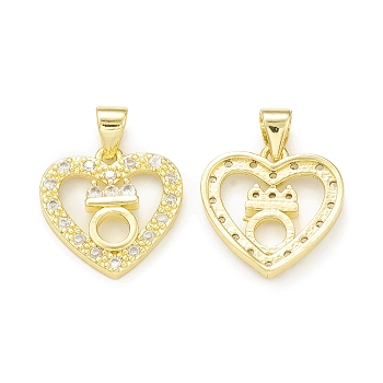 Rack Plating Brass Micro Pave Clear Cubic Zirconia Pendants, Cadmium Free & Lead Free, Long-Lasting Plated, Heartwith Ring Charm, Real 18K Gold Plated, 16.5x16x3mm, Hole: 4x3.5mm