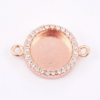Brass Micro Pave Cubic Zirconia Cabochon Connector Settings, Long-Lasting Plated, Flat Round, Rose Gold, Tray: 10mm, 13.5x19x3mm, Hole: 1mm