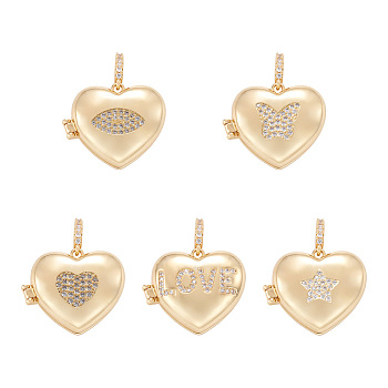 5Pcs 5 Style Brass Micro Pave Clear Cubic Zirconia Diffuser Locket Pendants, Long-Lasting Plated, Heart with Mixed Patterns, Real 18K Gold Plated, 19.5x22.5x8.5mm, Hole: 3.2x5mm, 1pcs/style