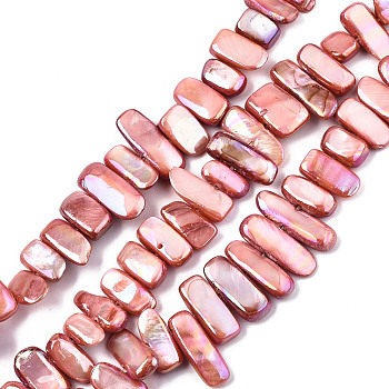 Natural Freshwater Shell Beads Strands, AB Color, Dyed, Nugget Stick, Dark Salmon, 8~25x6~10x2~6mm, Hole: 0.5mm, about 46~49pcs/strand, 13.98 inch~14.56 inch(35.5~37cm)