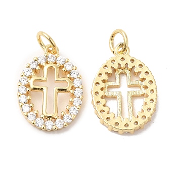 Brass Micro Pave Clear Cubic Zirconia Pendants, with Jump Ring, Oval with Cross Charms, Real 16K Gold Plated, 17.5x12.5x2.5mm, Hole: 3.5mm