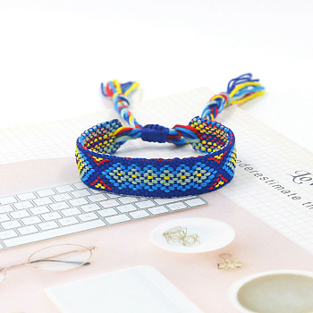Polyester Braided Rhombus Pattern Cord Bracelet, Ethnic Tribal Adjustable Brazilian Bracelet for Women, Royal Blue, 5-7/8 inch(15cm)