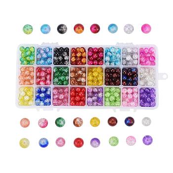 Baking Painted Crackle Glass Beads, Round, Mixed Color, 8mm, Hole: 1.3~1.6mm,  24 Colors, 30pcs/compartment, 720pcs/box