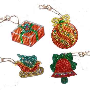 Christmas Theme DIY Diamond Painting Keychain Kit, Including Acrylic Board, Keychain Clasp, Bead Chain, Resin Rhinestones Bag, Diamond Sticky Pen, Tray Plate and Glue Clay, Mixed Shapes, 70x50mm, 4pcs/set
