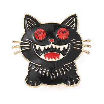 Halloween Enamel Pins, Alloy with Rhinestone Lapel Pins for Backpack Clothes, Cat Shape, Black, 38.5x40.5mm