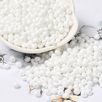 6/0 Opaque Baking Paint Glass Seed Beads, Teardrop, White, 4.5~5x4x3~3.5mm, Hole: 0.9mm, about 5625Pcs/Pound