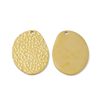 Vacuum Plating 201 Stainless Steel Pendants, Textured, Oval Charm, Real 18K Gold Plated, 25.5x19.5x0.9mm, Hole: 1.6mm