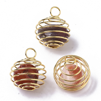Iron Wrap-around Spiral Bead Cage Pendants, with Natural Carnelian Beads inside, Round, Golden, 21x24~26mm, Hole: 5mm