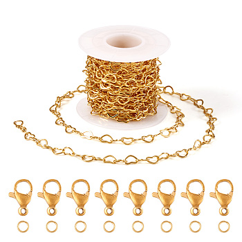 DIY Necklace Jewelry Kits, Including Brass Heart Link Chains, 304 Stainless Steel Lobster Claw Clasps and Jump Rings, Real 18K Gold Plated, 6x8x0.5mm, 5m