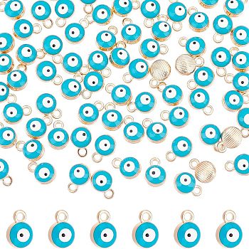 Nbeads 100Pcs Light Gold Plated Alloy Charms, with Enamel, Flat Round with Evil Eye, Sky Blue, 10x7x4.5mm, Hole: 1.5mm