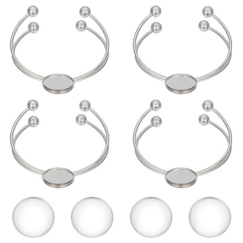 4Pcs 304 Stainless Steel Double Wire Cuff Bangle Makings, with Ball Tip, Flat Round Tray Settings, Blank Bangle Base, 4Pcs Transparent Glass Cabochons, Stainless Steel Color, 1/8~3/4 inch(0.4~2cm), Inner Diameter: 2-1/2 inch(6.2cm), Tray: 20.2mm