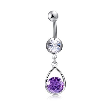 Brass Cubic Zirconia Navel Ring, Belly Rings, with 304 Stainless Steel Bar, Cadmium Free & Lead Free, teardrop, Dark Orchid, 41mm, Bar: 15 Gauge(1.5mm), Bar Length: 3/8"(10mm)