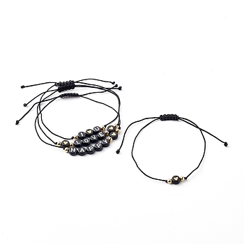 4Pcs 4 Styles Adjustable Nylon Thread Braided Bead Bracelets Sets, with Acrylic Beads & Brass Beads, Heart, Word I Love You/Love/Happy, Golden, Black, 1pc/style