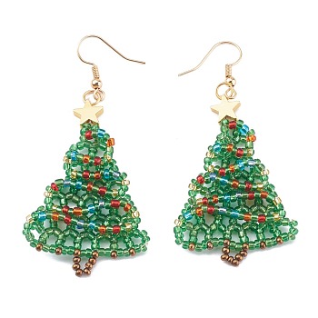 Glass Seed Beads Christmas Tree Dangle Earrings, for Christmas, with Golden Plated Brass Earring Hooks, Green, 53x33x4.5mm, Pin: 0.8mm