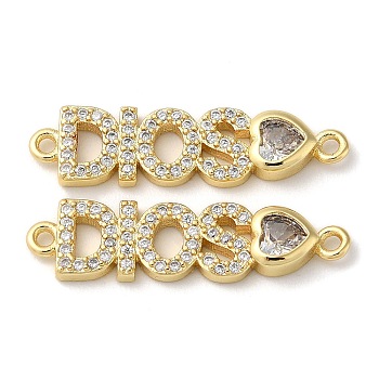 Rack Plating Brass Pave Clear Cubic Zirconia Connector Charms, Long-Lasting Plated, Lead Free & Cadmium Free, Letter DIOS Heart Links, Real 18K Gold Plated, 7x26x3mm, Hole: 1.2mm