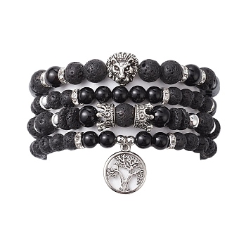 4Pcs 4 Style Natural Black Onyx & Lava Rock Beaded Stretch Bracelets Set, Lion & Crown & Tree of Life Alloy Charms Stackable Bracelets, Antique Silver, Inner Diameter: 2-3/8 inch(5.9cm), 1Pc/style