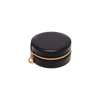 PU Leather Jewelry Box, with Foam Mat, Flat Round, Black, 10.05x4.85cm