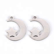 201 Stainless Steel Charms, Laser Cut, Moon and Star, Stainless Steel Color, 15x11x1mm, Hole: 1.6mm(STAS-Q238-032)
