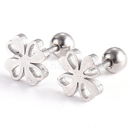 201 Stainless Steel Barbell Cartilage Earrings, Screw Back Earrings, with 304 Stainless Steel Pins, Four Leaf Clover, Stainless Steel Color, 7x7x2mm, Pin: 1mm(EJEW-R147-12)