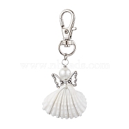 Angel Alloy & Wire Wrapped Natural Shell Pendant Decorations, Swivel Clasps Charms for Bag Ornaments, Antique Silver & Platinum, 72mm(HJEW-JM02017-03)